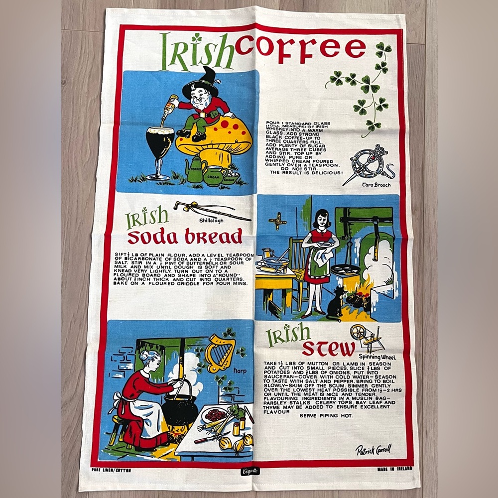 Vintage PATRICK CARROLL Ireland Irish Coffee Recipe Linen Tea Towel.  - NWOT